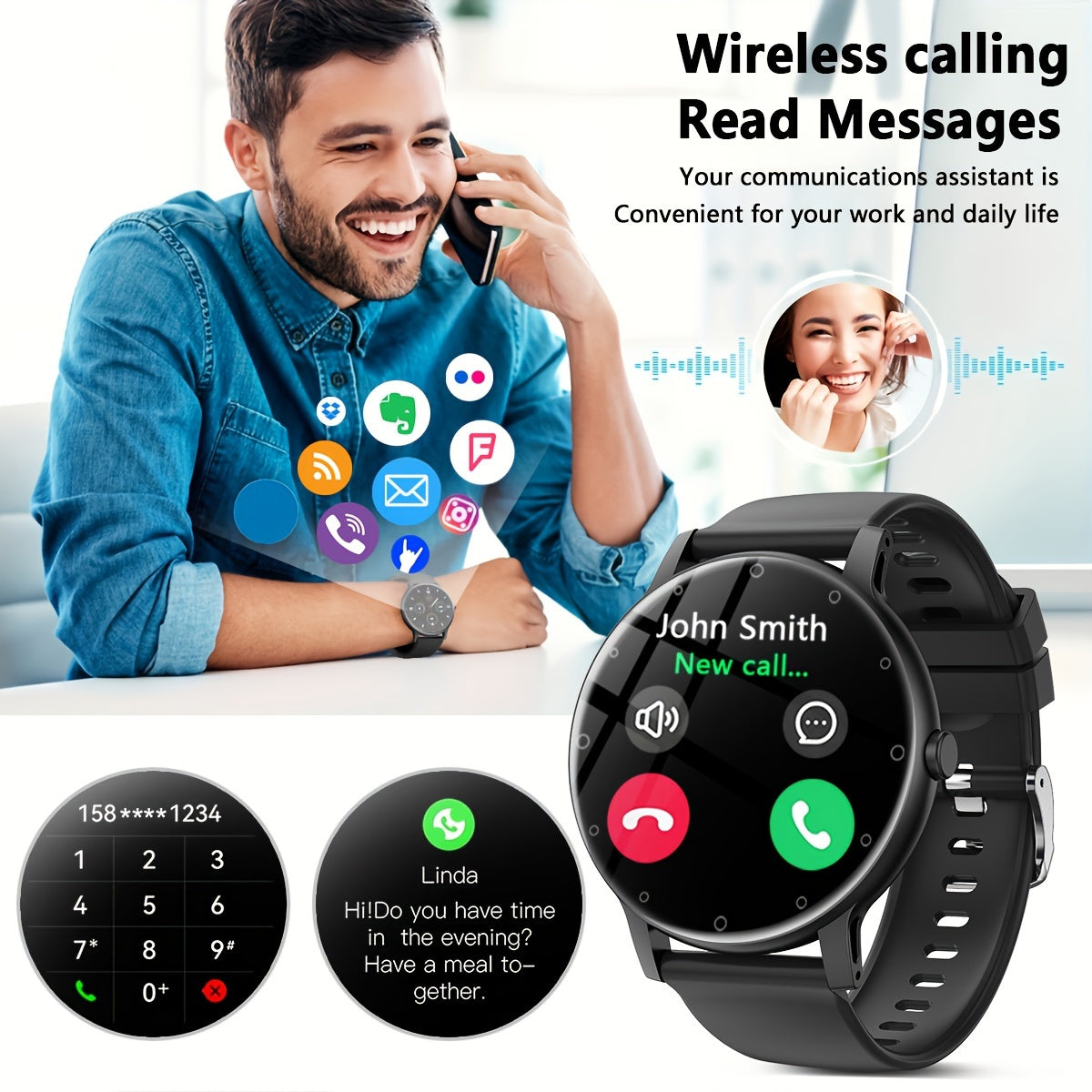 1.39'' Full Touch Screen Smartwatch - Sleep Tracker, Wireless Call, Pedometer, Music Control, 100+ Sport Modes, AI Control, Games, Fitness Tracker for Android/IOS Phones, Perfect for Women and Men, Stylish Fitness Companion